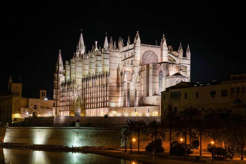 an illuminated cathedral on a dark night in the city