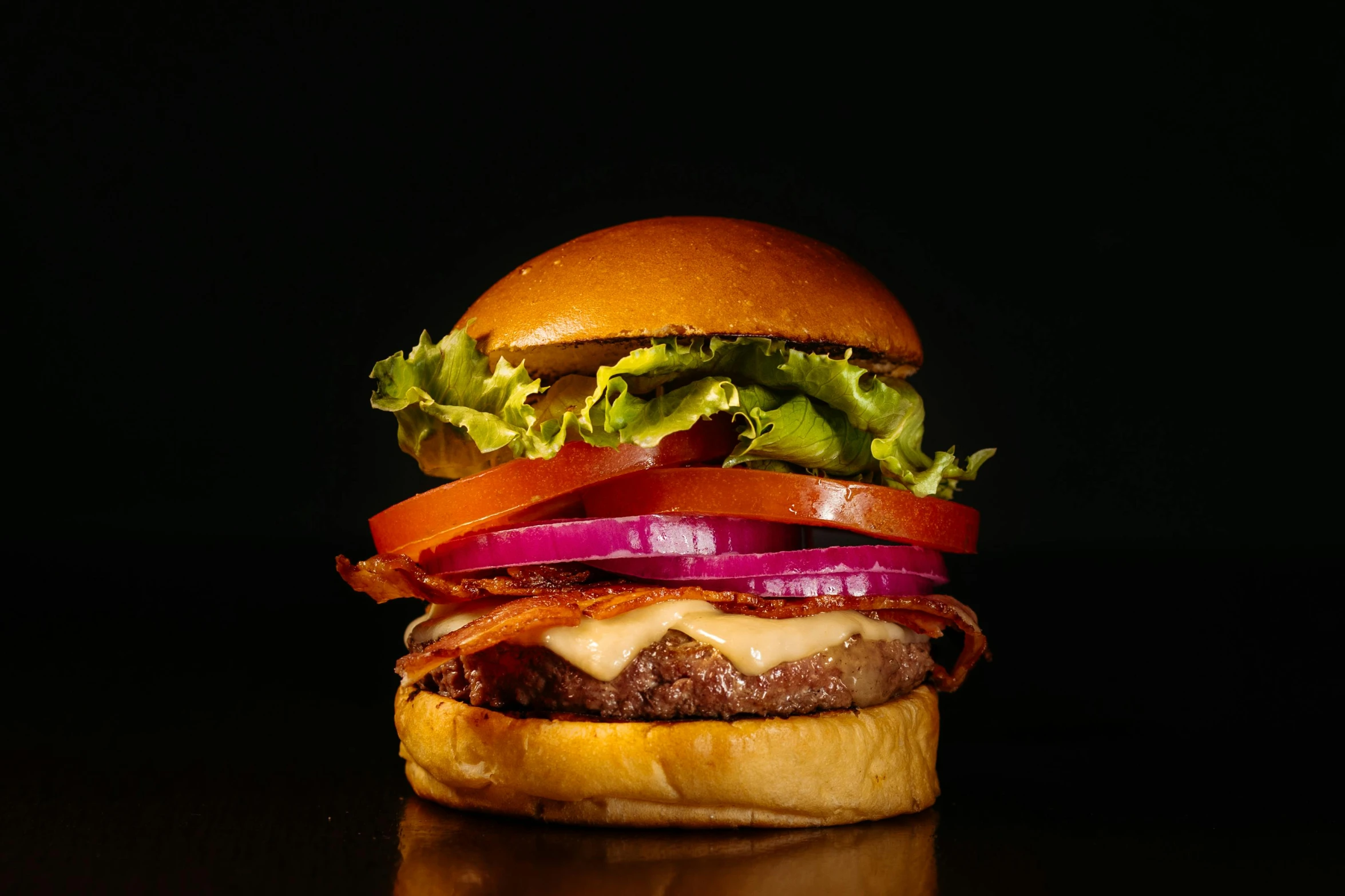 the hamburger has meat, tomato, lettuce, and onion on it