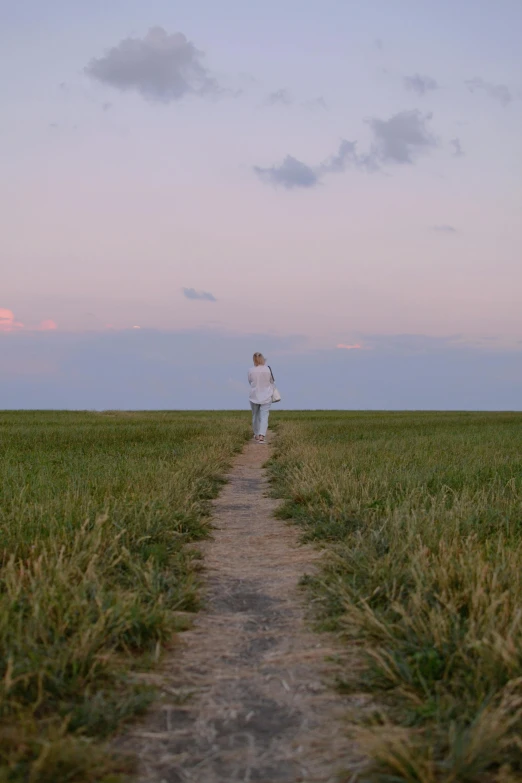 a person walking away down a path in a field