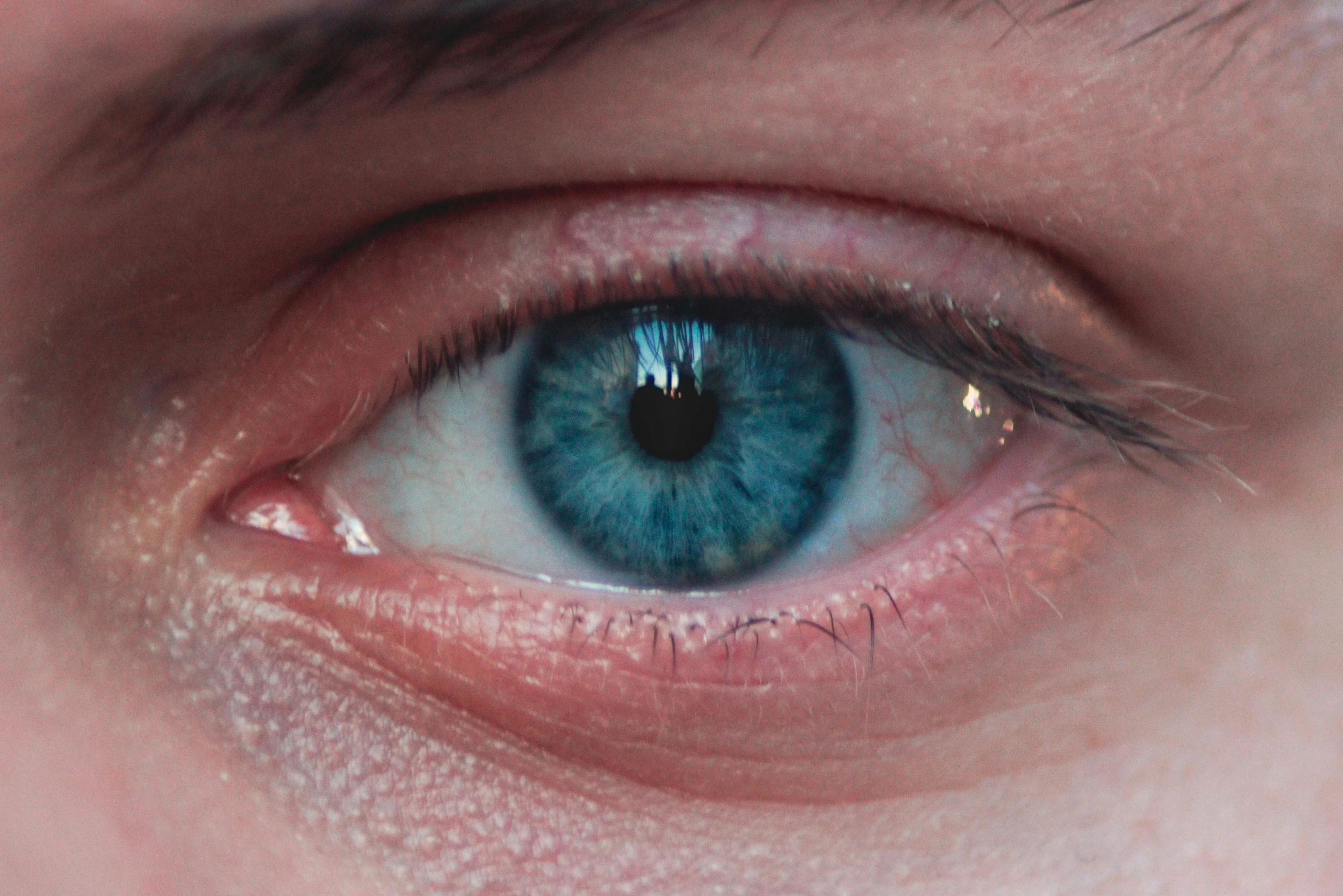 the blue eye of a person is in front of the camera