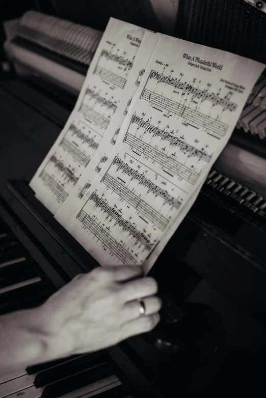 a sheet of music is being held by someone