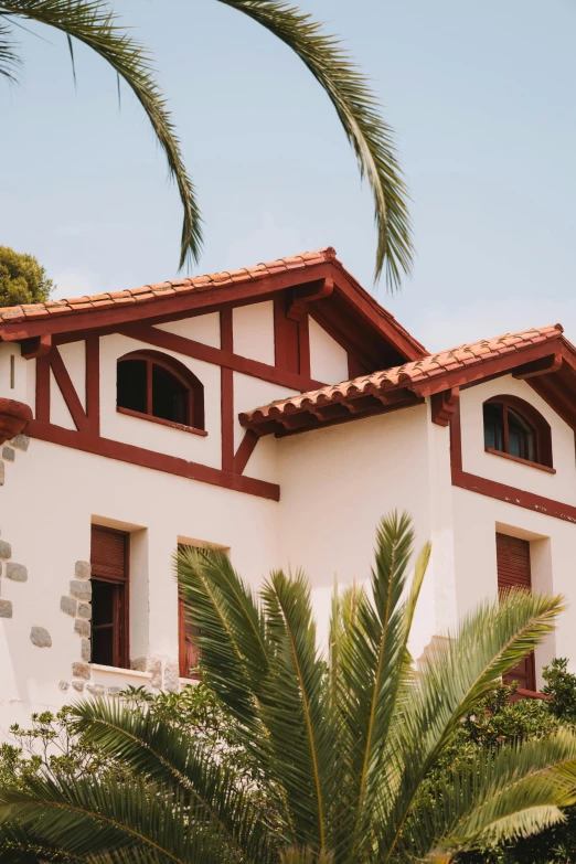 a white and brown house with two large palm trees