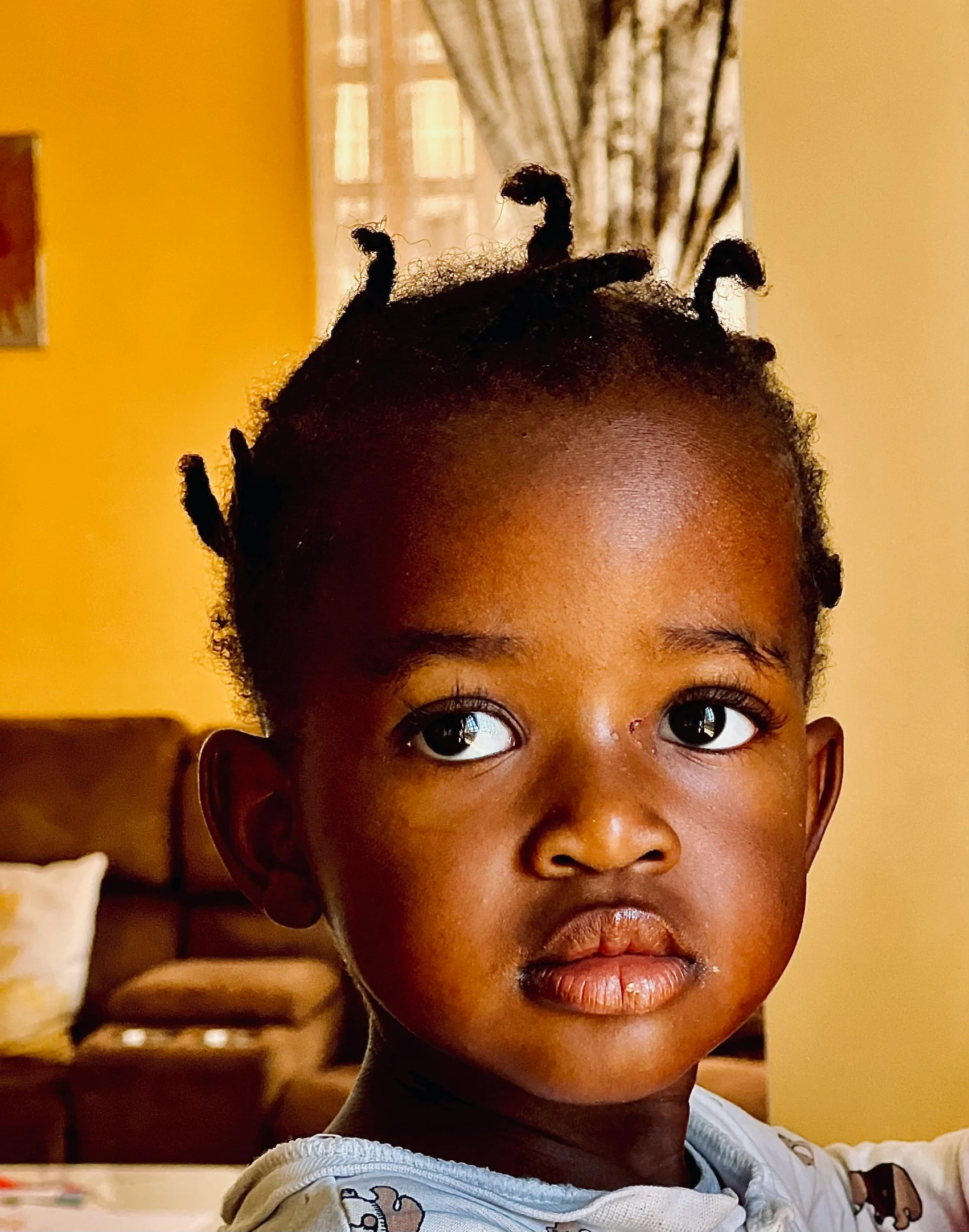 an adorable little girl with curly hair looking at the camera