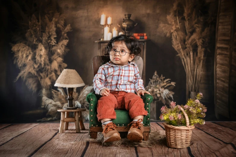 a small child sitting in a chair with an older clock behind him