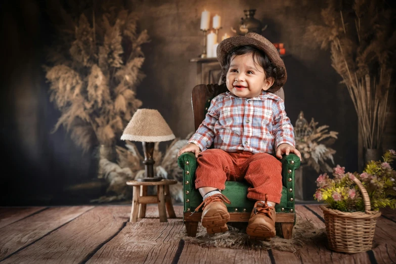 a child in a hat sits in a chair
