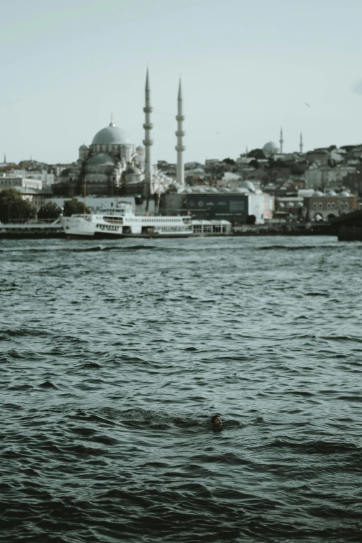 the water looks calm in the middle of a city