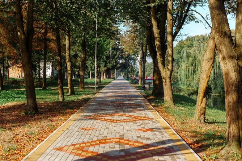 a walkway in the park with a tiled path in between