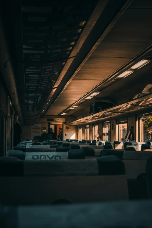 a train room that has many seats up and down