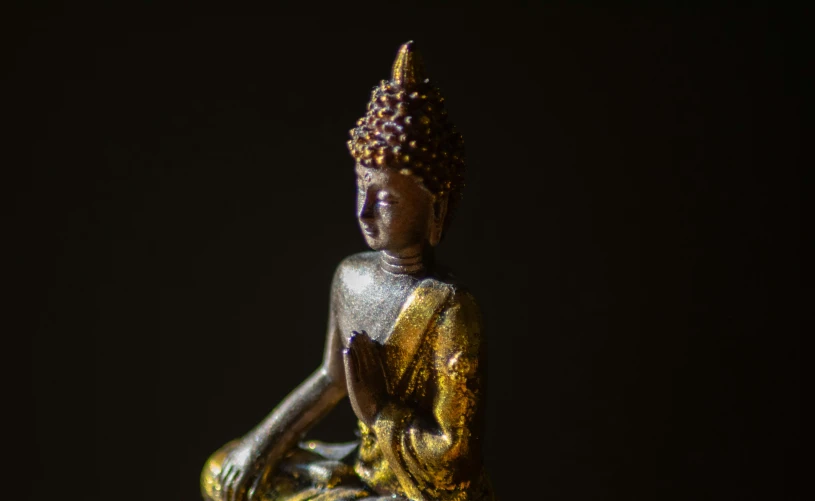 a golden buddha statue sitting and looking up