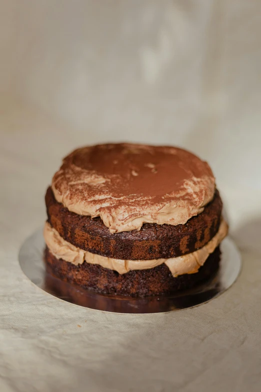 a chocolate cake is frosted with a thick icing