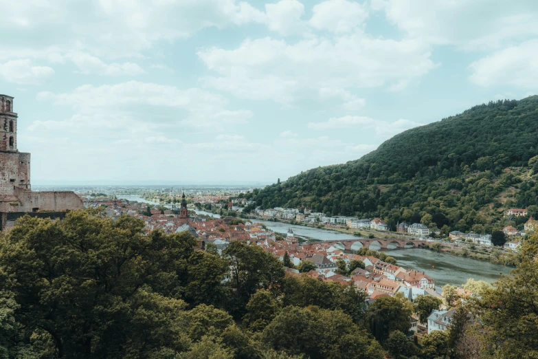 a view of a small town from above trees