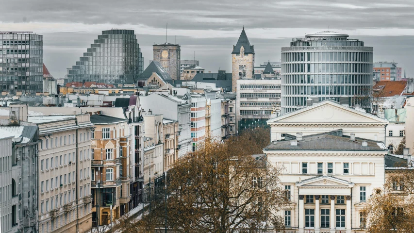 a view of a city that is surrounded by high rise buildings