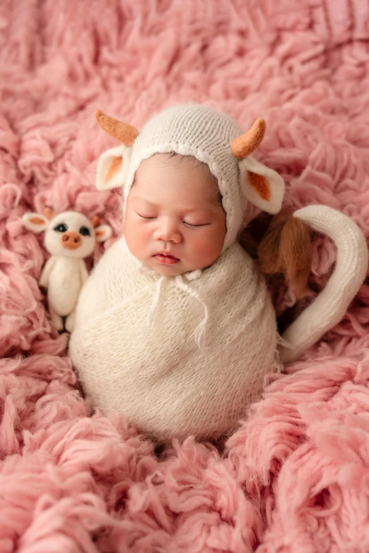 baby with animal toy on pink fuzzy blanket