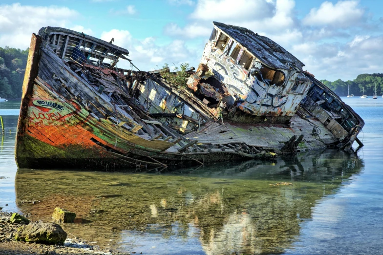 a rusted boat sitting on top of a beach