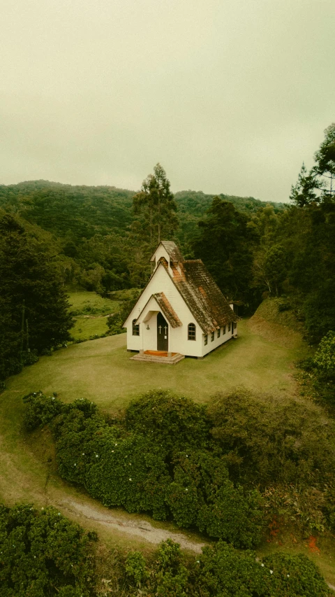 a house built on the hillside surrounded by green trees