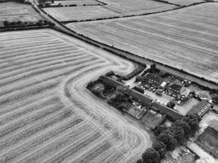 a black and white po of a farm