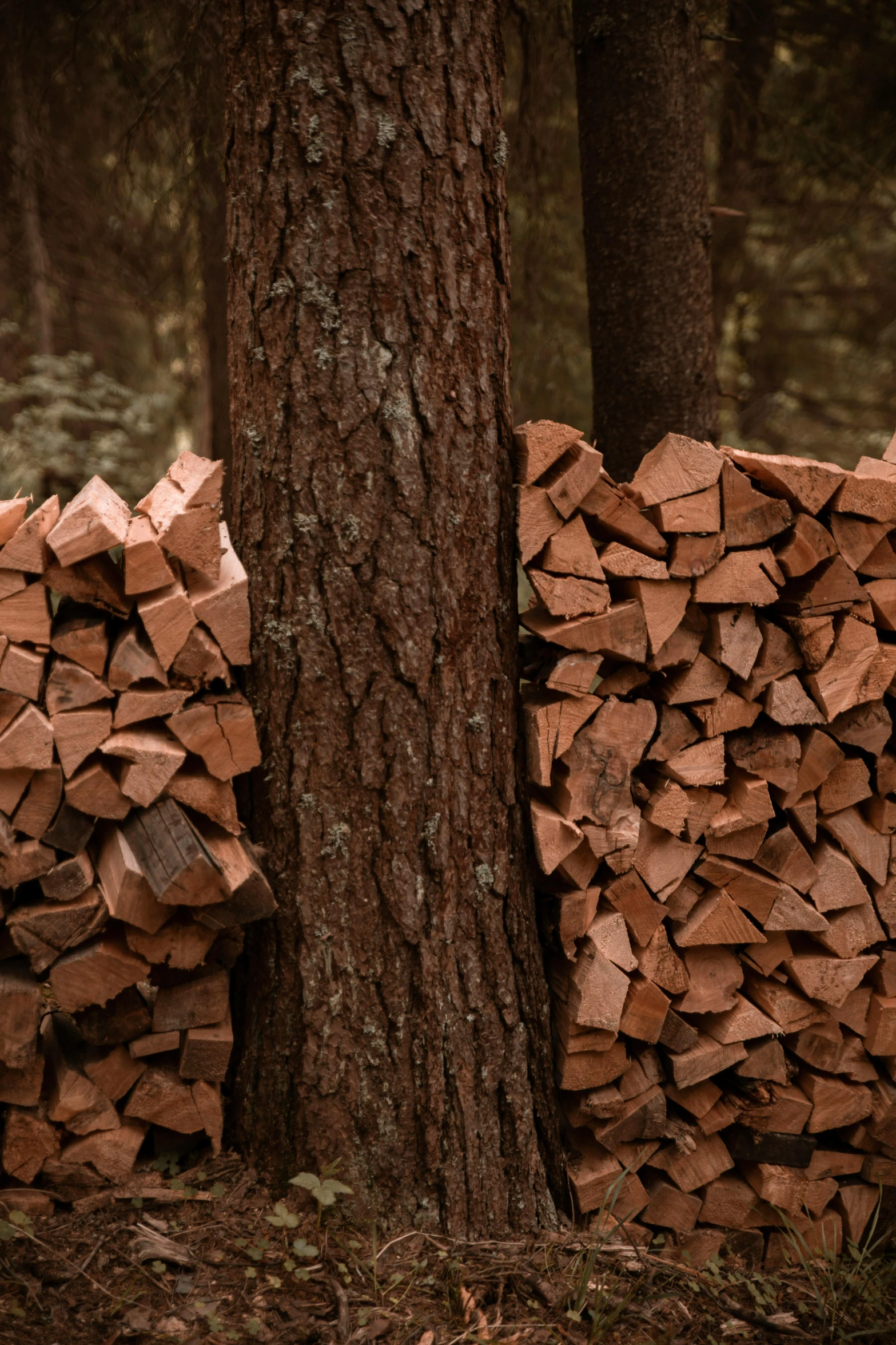 trees are stacked up with chopped wood next to them