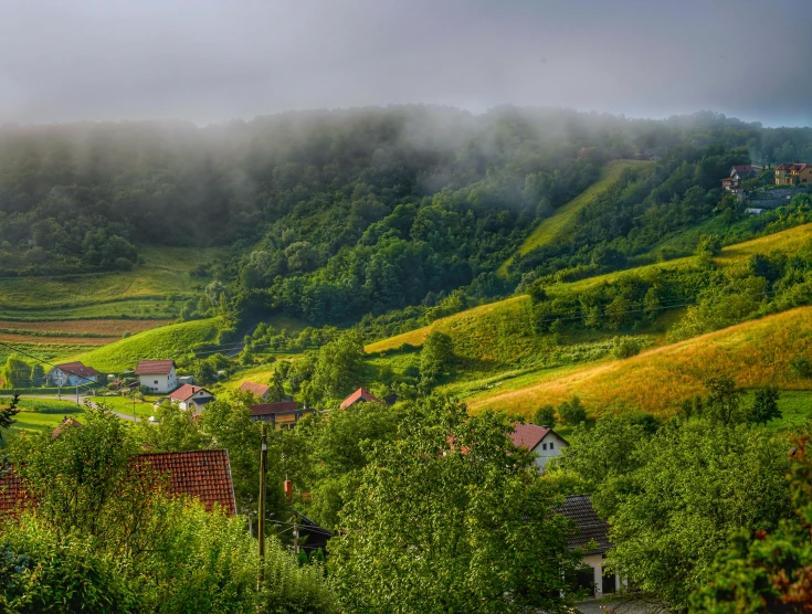 fog hangs low as houses stand on the hillside