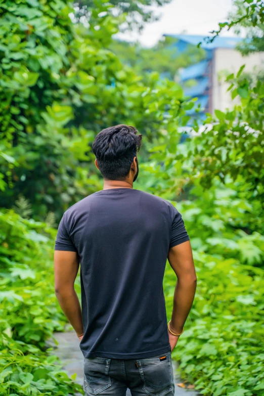 a man looking out into the woods from a path