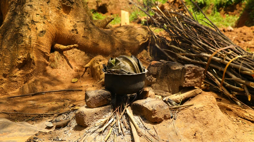 a pot sitting on top of a wooden fire pit