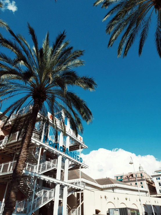 a building has palm trees on the side of it