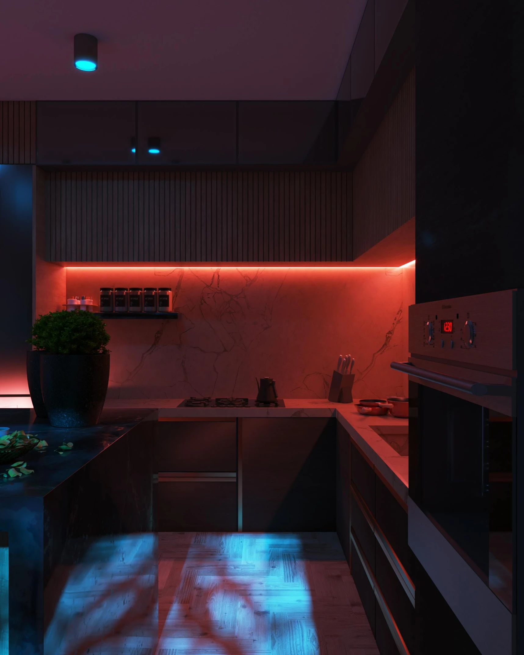 a modern kitchen in dark tones with red lighting