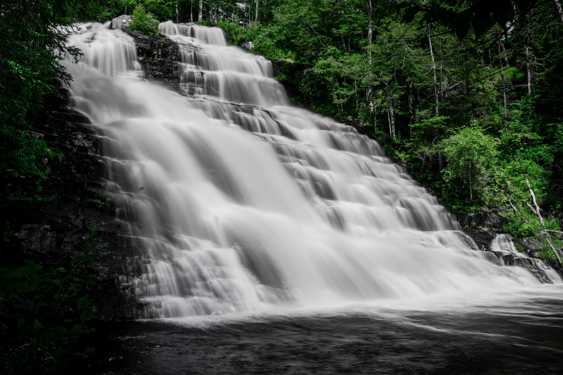 a waterfall flowing down a river next to lush green trees