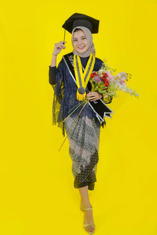 a woman is posing in front of a yellow background