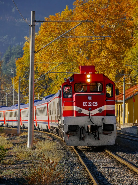 a red train on the tracks next to trees