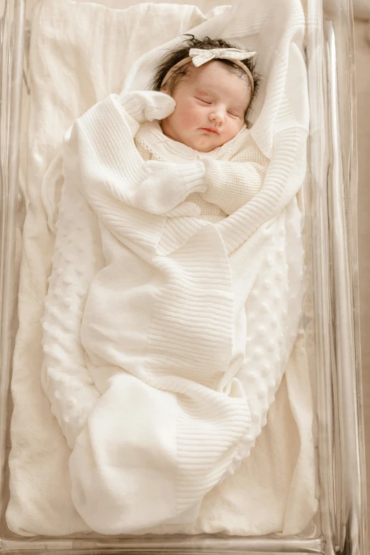 a small baby wrapped in white laying inside of a clear case