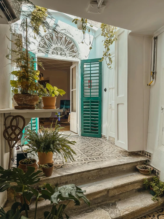 the front of a house with flowers in pots on the steps