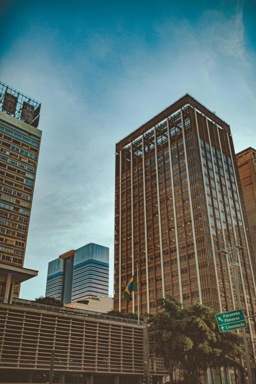 two tall buildings stand in the city, near trees and an overpass