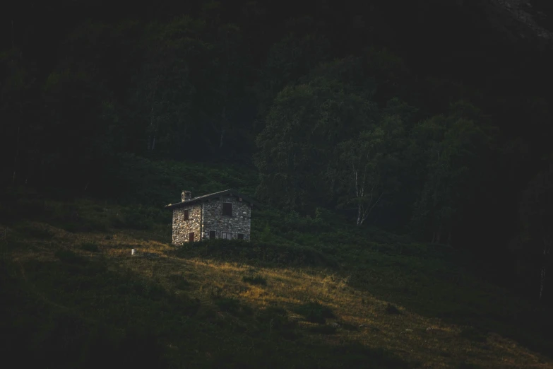 a house is on the side of a hill next to trees