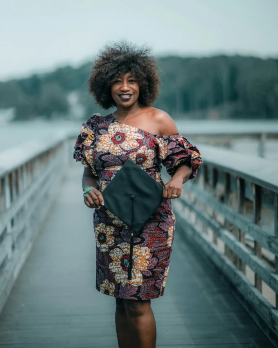 a beautiful woman standing on a pier, wearing an ornate dress