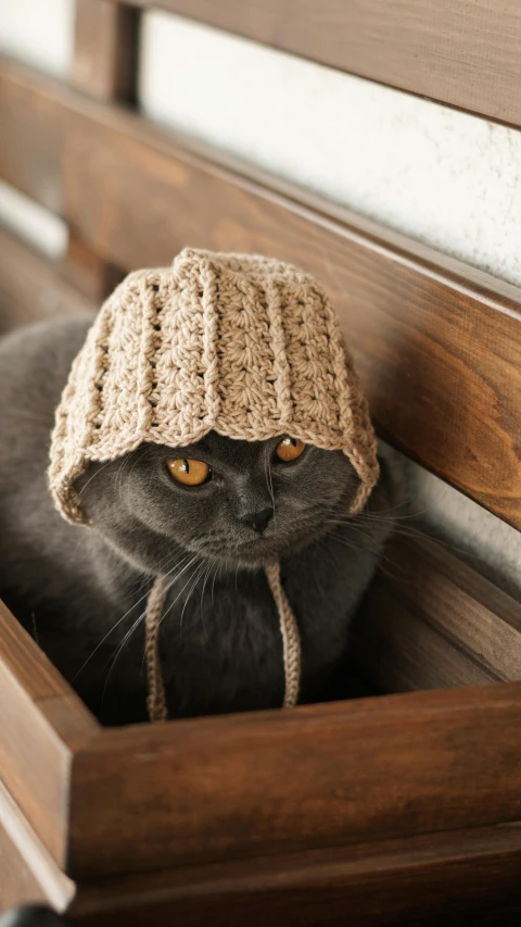 a gray cat wearing a crochet hat on a bench