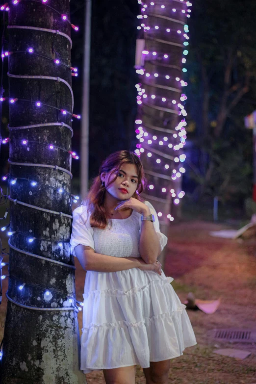 a  stands next to a tree with christmas lights on it