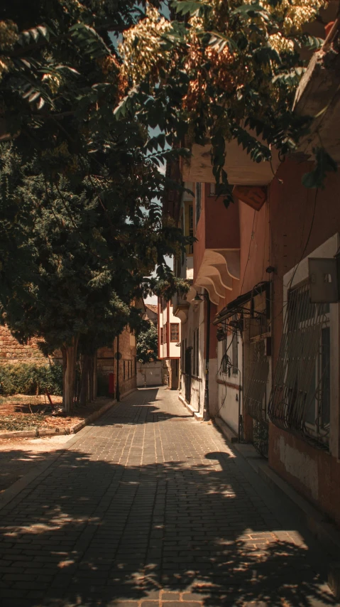 a city sidewalk with a streetlight that is shining down