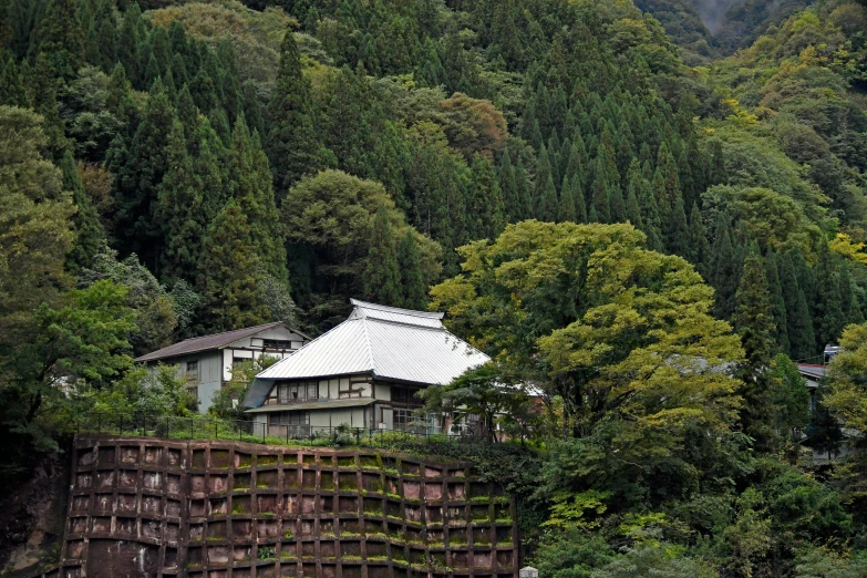 a building on a cliff surrounded by trees