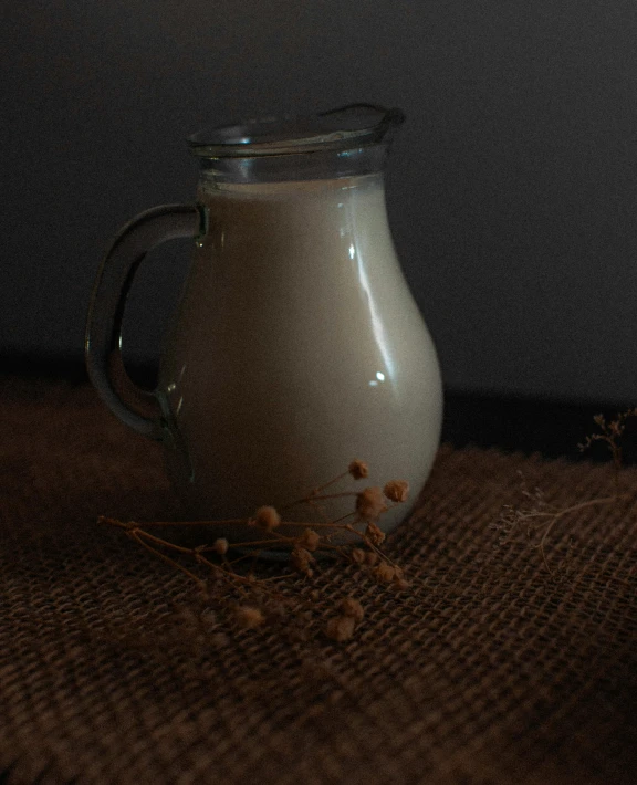 a glass pitcher with some brown flowers