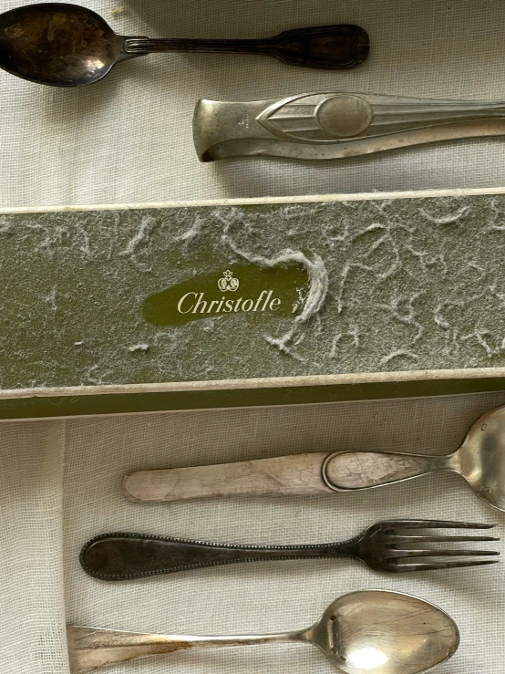 spoons, forks, and knives are arranged in a gift box