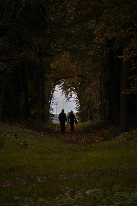 two people walking in an open area with grass, trees and water