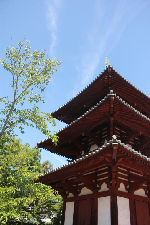 an asian pagoda building sits in front of trees