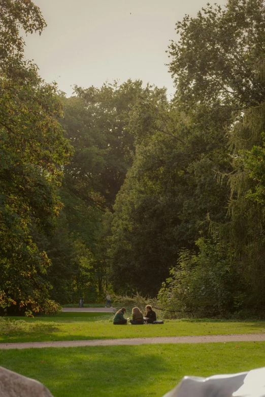 a man and a woman sit on the grass beside some trees