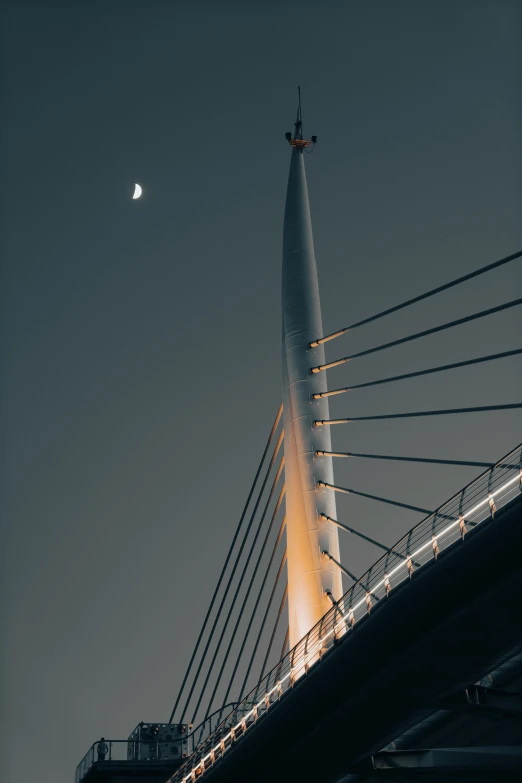 a full moon on the horizon over a bridge