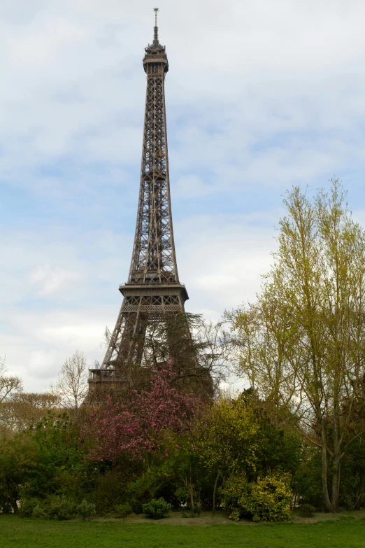 a tall tower sits next to some trees and a river