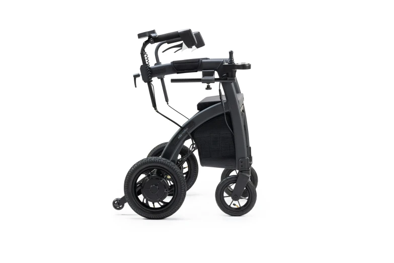 a black folding bicycle with three wheels and a basket on it