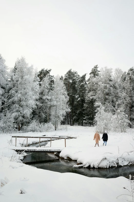 two people walking towards a frozen park in winter