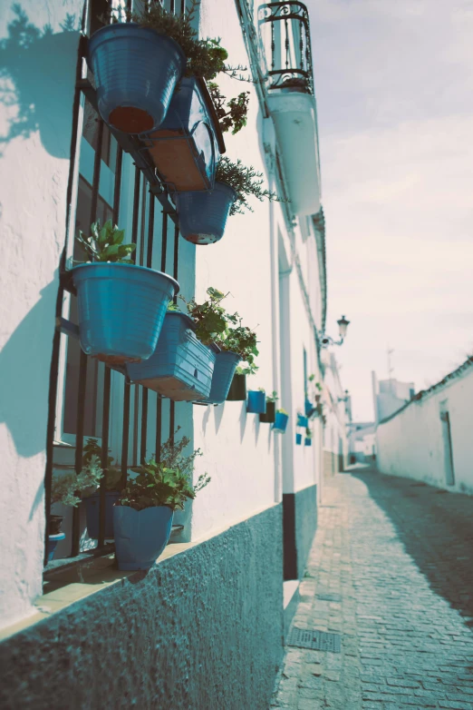 two blue flower pots hanging on a white building