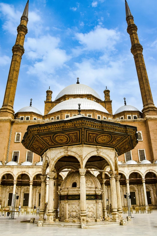 the large building has two tall arches