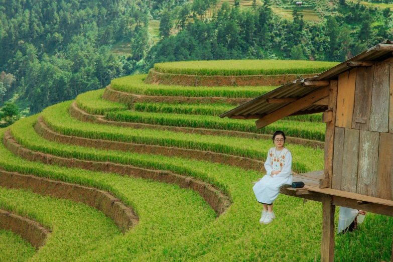 a woman sitting on a wooden bench near a rice field